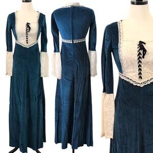 VTG 70s Gunne Sax? Blue Velvet Renaissance Corset Dress XS Lace Medieval Prairie